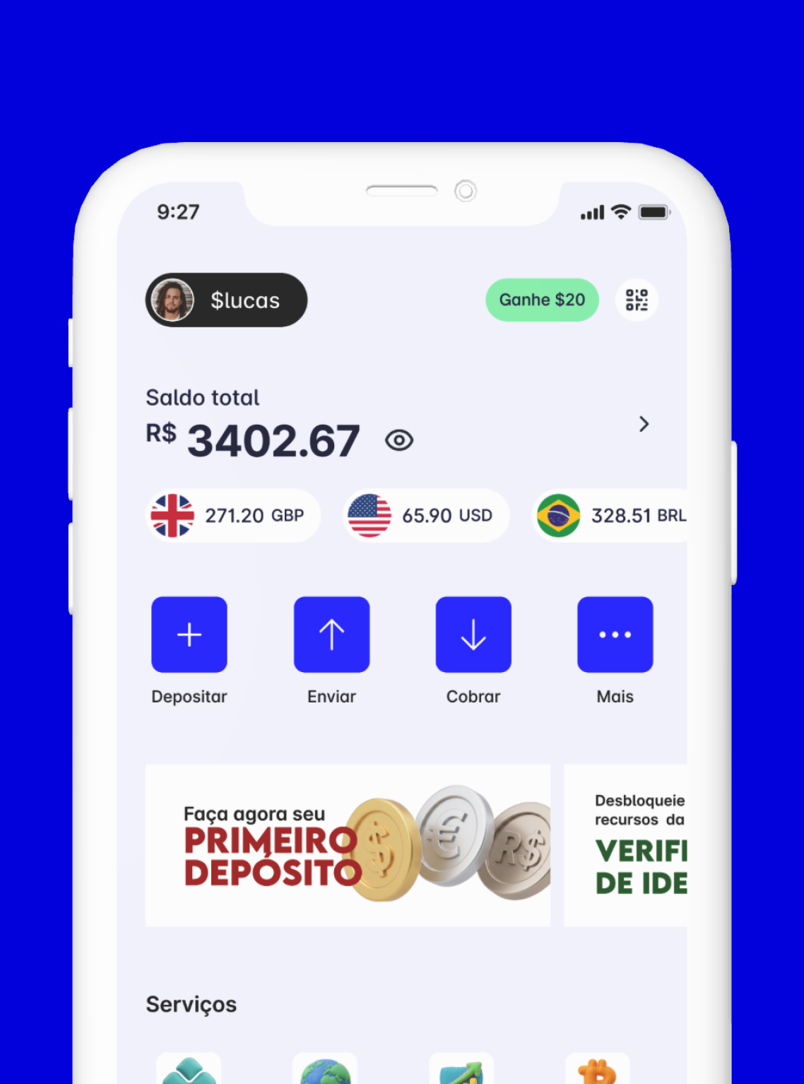Ecrã da app Zimbo a mostrar o saldo da carteira em várias moedas
