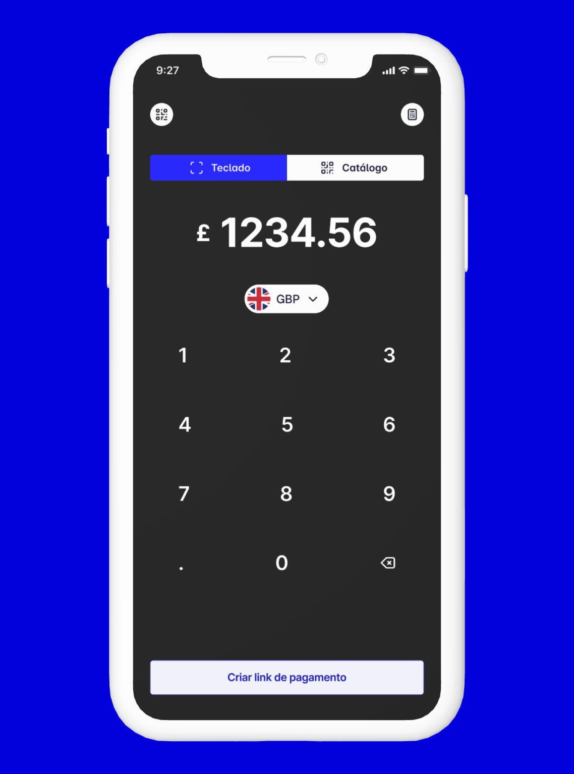 Ecrã da app a criar um link de pagamento, com o valor a ser introduzido.