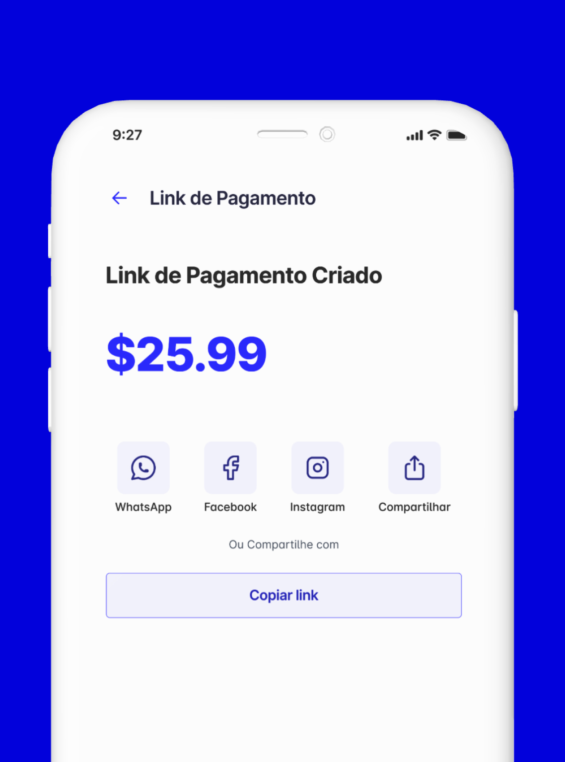 Ecrã com o link de pagamento pronto e as opções de partilha (WhatsApp, copiar link).