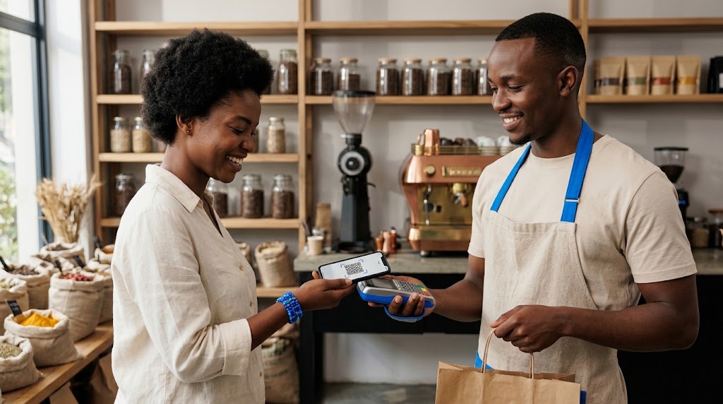 Cliente a aproximar o cartão (ou telemóvel) do telemóvel do vendedor para pagar por contactless.
